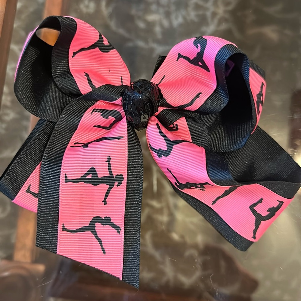 Girl's gymnastics or dance large pink and black hair bow